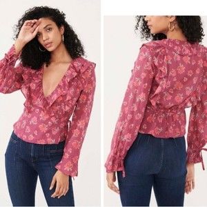 Free People Amanda Ruffle Wrap Top Blouse Floral Red Pink Small NWT NEW